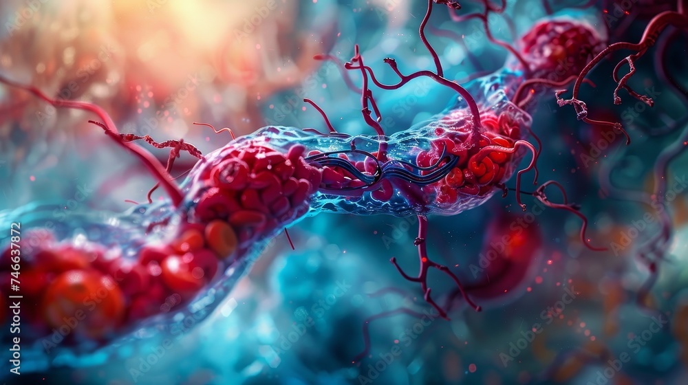 Aufkleber the image depicts a detailed view of a blood clot obstructing a vessel within an intricate network o