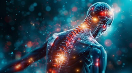 This image presents a detailed visualization of the human nervous system activity, highlighting the spinal cord and brain neurons firing. - obrazy, fototapety, plakaty