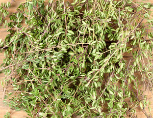 Close up of a bunch of thyme sprigs on a wooden background.
