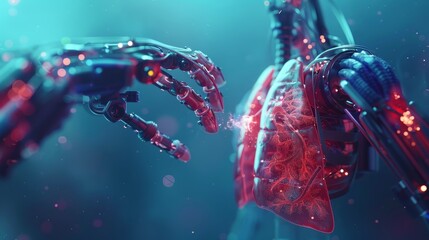 Futuristic concept of a robotic heart surgery, featuring a highly detailed robotic hand performing delicate procedures on a human heart.