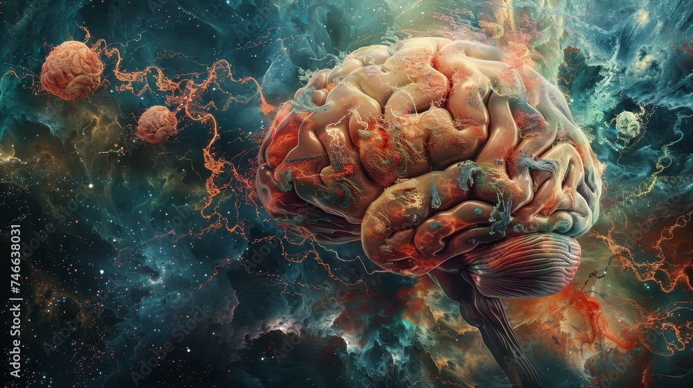 Poster a surreal representation of a brain amidst a nebula, symbolizing the vastness and complexity of thou