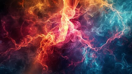 Fototapeta na wymiar Vivid abstract image of intertwining smoke in warm and cool hues, representing the dynamic dance between fire and ice.