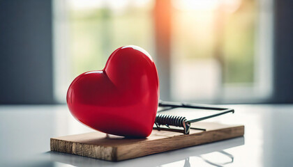 Red heart caught in mouse trap on white table, symbolizing love's entrapment. Bright backlight with windows in background