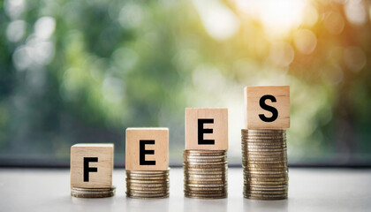 Four blocks spell 'fees' atop coin stacks symbolizing financial charges and expense