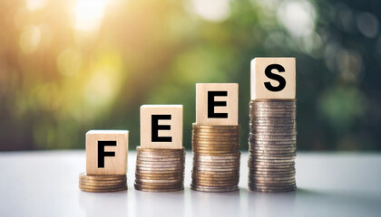 Four blocks spell 'fees' atop coin stacks symbolizing financial charges and expense