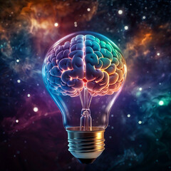 A light bulb with a brain inside of it, illuminated and floating against a backdrop of a colorful galaxy