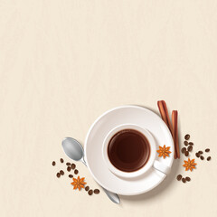 Fragrant coffee in a cup. Spices. Coffee shop, breakfast, pleasure, food, relaxation. Eps 10