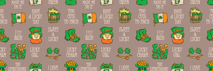 St Patricks Day seamless pattern background cute hand-drawn Irish holiday icons, symbols, and elements.
