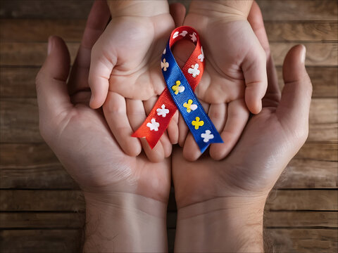 A pair of hands, one adult and one child, hold a ribbon. Concept of 2 April event of World Autism Awareness Day