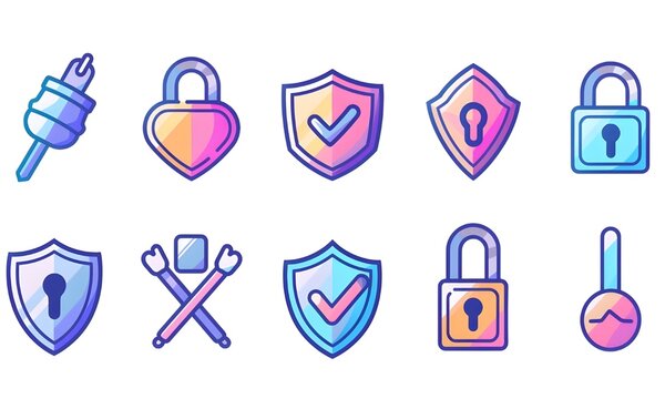 Security shield, shield with check mark and padlock, privacy and password lock vector icons colored illustration set