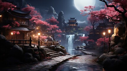 a image of a garden with blossom trees, in the style of photorealistic cityscapes, nightcore, terraced cityscapes, mysterious backdrops, dark cyan and pink, snow scenes, 32k uhd - obrazy, fototapety, plakaty