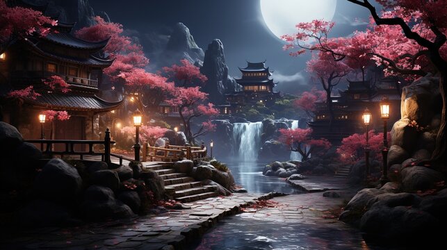 a image of a garden with blossom trees, in the style of photorealistic cityscapes, nightcore, terraced cityscapes, mysterious backdrops, dark cyan and pink, snow scenes, 32k uhd
