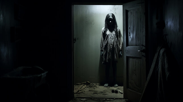 A scary little girl ghost in an abandoned house standing in front of a door bright light creates contrasting shadow