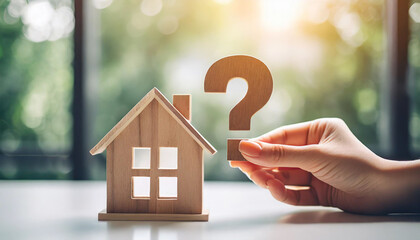 woman's hand holds 3D question mark beside wooden house, symbolizing real estate inquiries