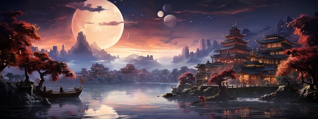 a lake with a lot of boats and buildings in the sun, in the style of confucian ideology, spectacular backdrops, dark purple and sky-blue, 32k uhd, luxurious opulence