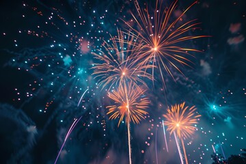 A radiant display of fireworks forming a spectacular canopy of lights, with vibrant colors and sparkling trails illuminating the night sky. - obrazy, fototapety, plakaty