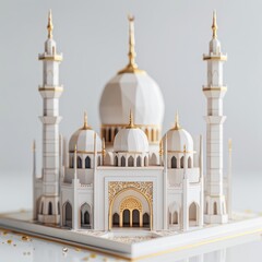 Fototapeta na wymiar realistic 3D Islamic mosque toy, adorned in white and gold, perfect for Ramadan Kareem design themes and wallpapers