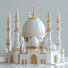 Fototapeta na wymiar A 3D Islamic mosque, adorable toy realistic, in white and gold, for Ramadan Kareem design theme and wallpaper