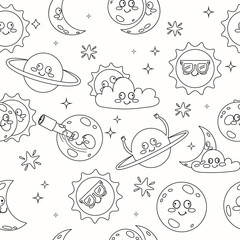 Seamless pattern outline kawaii solar eclipse in flat style