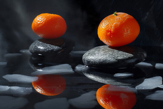 Backlit spilled clementine oranges over dark empedrado stones hovering above their shadow reflection.
