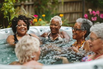 Diverse group of happy senior women having fun together enjoying a jacuzzi. Elderly friends with active life