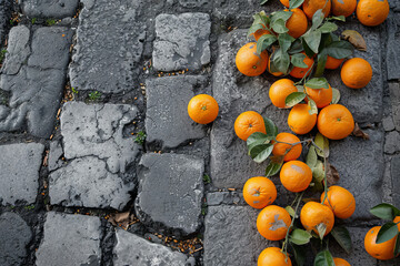 Bright orange mandarins spilled across ancient weathered grey cobblestones in old town plaza in the...