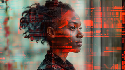 A composite image of a young woman showcasing the various applications of facial recognition technology.