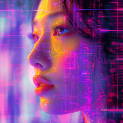 A composite image of an asian lady showcasing the various applications of facial recognition technology.