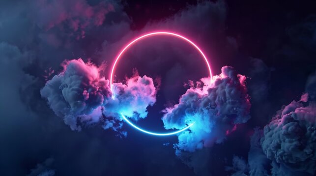 Abstract cloud illuminated with neon light ring on dark night sky. Glowing geometric shape, round frame