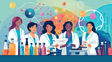 Female researchers team in science setting, illustration of woman researchers in futuristic laboratory environment, progress and diversity in science. International Day of Women and Girls in Science