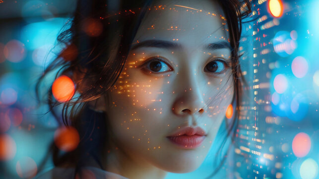 A composite image of an asian lady showcasing the various applications of facial recognition technology.