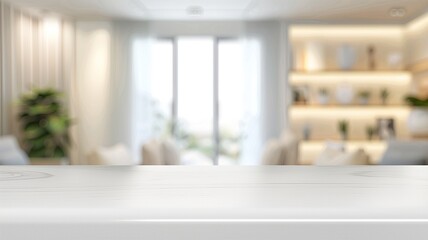 Empty white table with blurred living room background - excellent for product presentation