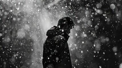silhouette of a man standing alone in the midst of falling snow, walking away, exuding a romantic, lonely, and dramatic moment. Romantic photography