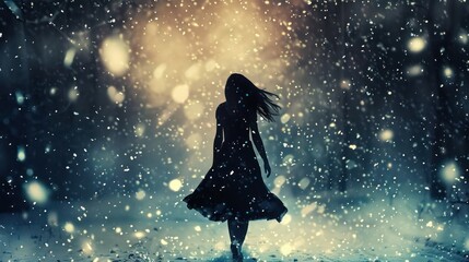 In the midst of falling snow, a solitary woman's silhouette walks away, encapsulating a romantic, lonely, and dramatic moment. Romantic photography. - obrazy, fototapety, plakaty
