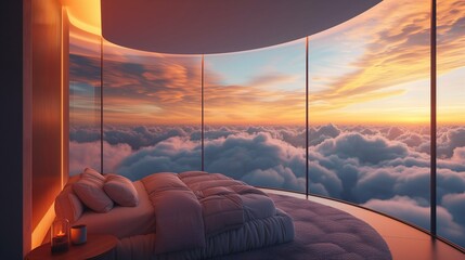 Obraz premium A curved minimalist luxury hygge bedroom above clouds