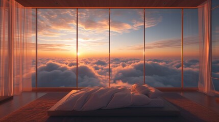 A curved minimalist luxury hygge bedroom above clouds
