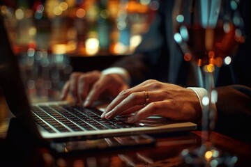 hands  of businessman's typing on a laptop keyboard, with a cool bar background generative ai  art