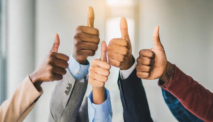 Multiethnic hands with thumbs up symbol on bright background, representing achievement, support, and positivity