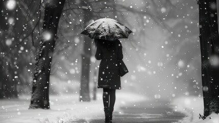 In the midst of falling snow, a solitary woman's silhouette walks away, encapsulating a romantic, lonely, and dramatic moment. Romantic photography.
