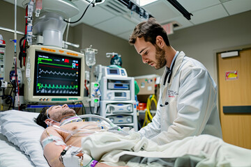 Doctor examining patient in emergency room - obrazy, fototapety, plakaty