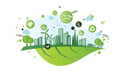 Net zero and carbon neutral concept. Net zero greenhouse gas emissions target. Climate neutral long term strategy with green net zero icons. Environment web banner with green city vector template.