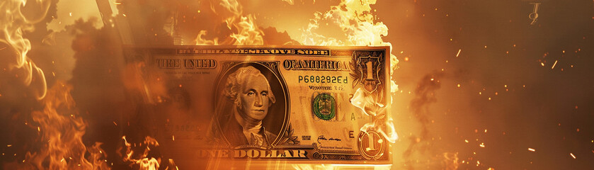 A dollar bank engulfed in flames against a surreal backdrop - obrazy, fototapety, plakaty
