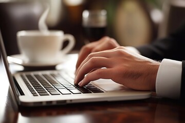 hands  of businessman's typing on a laptop keyboard, with a cool bar background generative ai  art