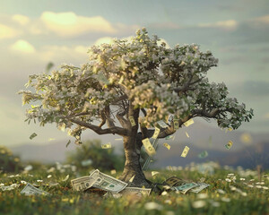 A stunning 3D animation of a tree slowly sprouting dollar bills embodying the concept of money growing on trees 3D animator