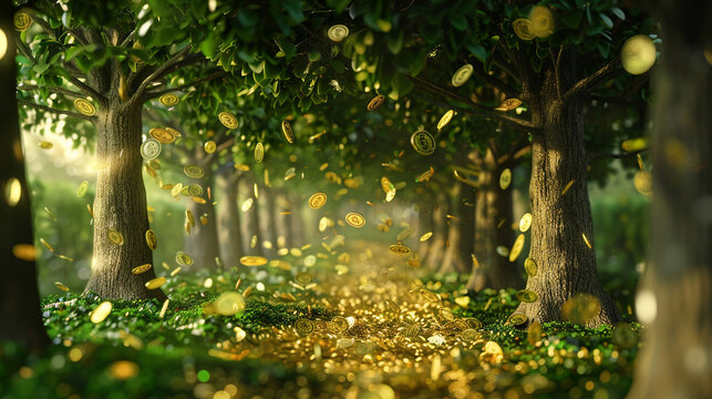 A mesmerizing backdrop background featuring a fantasy forest filled with money trees illustrating the abundance of income opportunities in a unique way Backdrop background