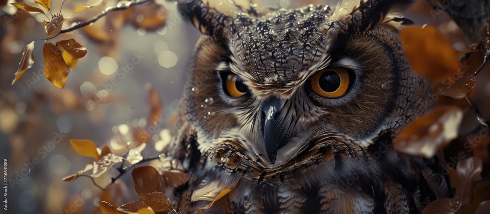 Poster an owl is perched on top of a tree branch densely covered with green leaves. the owl appears alert a