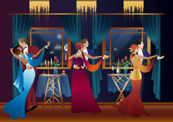 Man and woman dancing on the background of a window and lanterns, party, art deco, couple in retro style