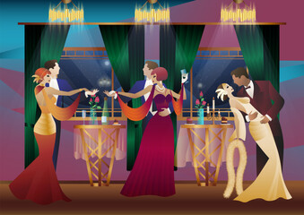 Man and woman dancing on the background of a window and lanterns, party, art deco, couple in retro style