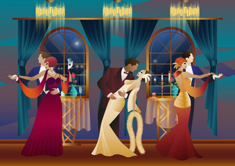Man and woman dancing on the background of a window and lanterns, party, art deco, couple in retro style