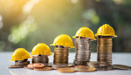 Row of stacked coins with yellow helmets on white table, symbolizing financial growth and safety in construction industry